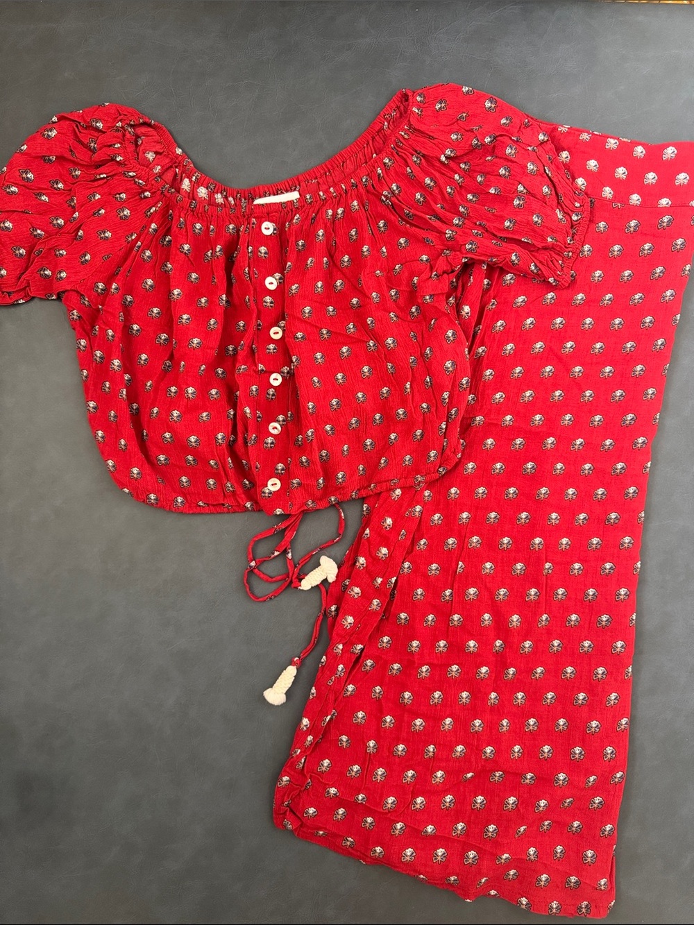 Faithful Red Floral Off-Shoulder Crop Blouse and Midi Skirt Set Size 2